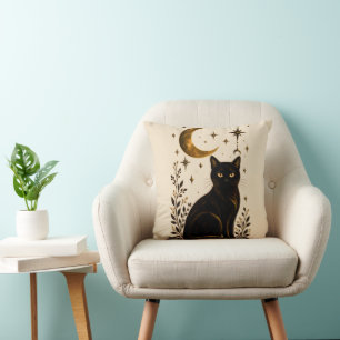 Cojín Decorativo Gato Negro Luna Celestial Gótico Botánico