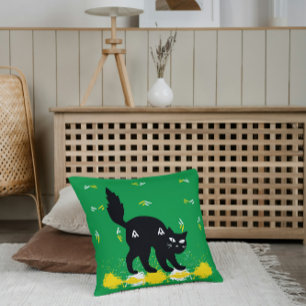 Cojín Decorativo Gato negro mascota sobre amarillo blanco verde lin