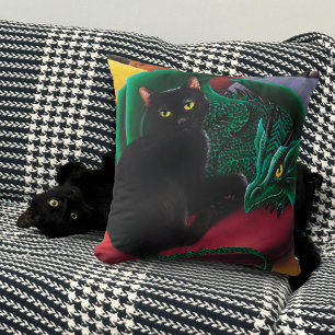 Cojín Decorativo Gato negro místico Dragón verde esmeralda Fantasía