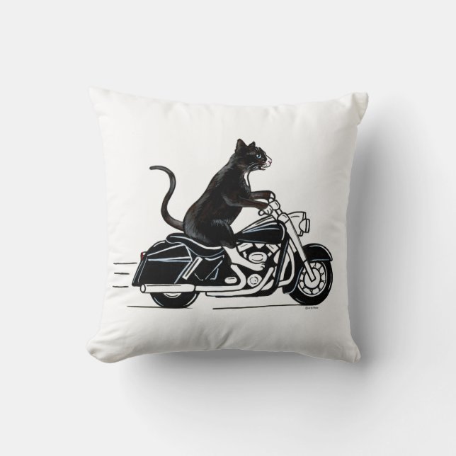 Cojín Decorativo Gato negro montando una motocicleta (Anverso)