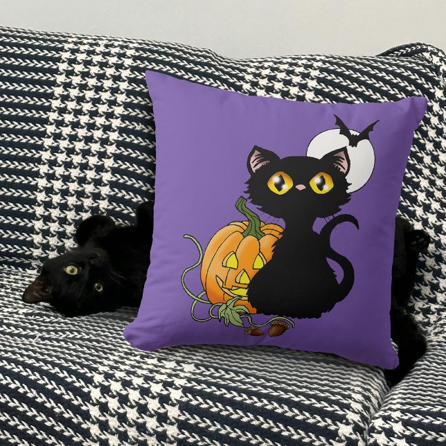 Cojín Decorativo Gato negro morado de la Calabaza de Halloween (Subido por el creador)