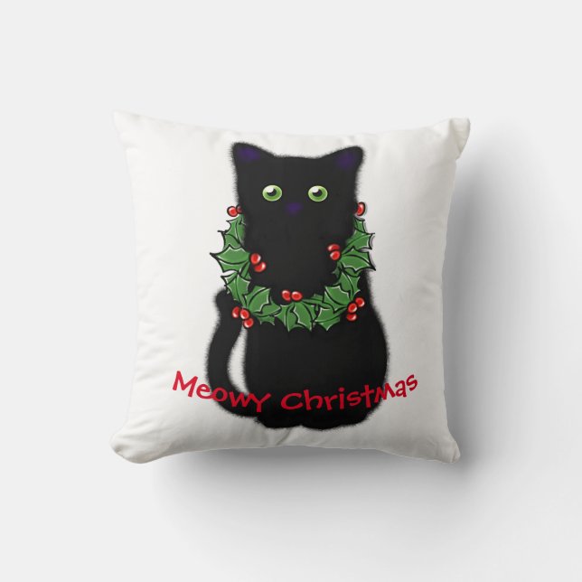 Cojín Decorativo Gato negro | Navidades Meowy | Holly garland (Anverso)