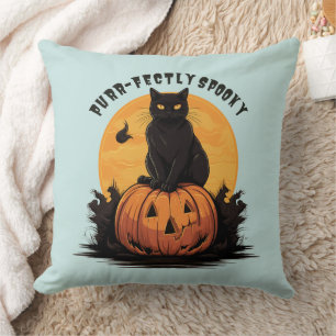 Cojín Decorativo Gato negro perfectamente espeluznante en calabaza