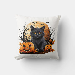 Cojín Decorativo Gato negro rodeado de calabazas