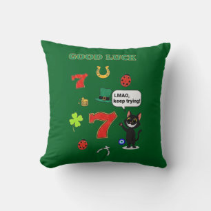 Cojín Decorativo Gato negro sarcástico y amuletos de la suerte