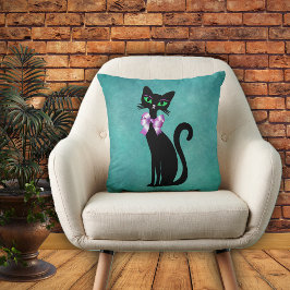 Cojín Decorativo Gato negro sofisticado ojos verdes lazo rosa Aqua