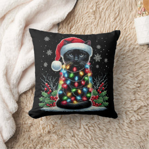 Cojín Decorativo Gato Negro Sombrero de Santa Navidad Divertido Gat