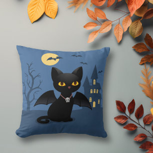 Cojín Decorativo Gato negro vampiro de Halloween con alas