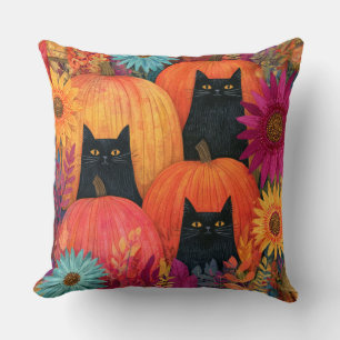 Cojín Decorativo Gato negro vigilante Parche de calabaza de otoño
