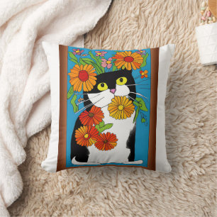 Cojín Decorativo Gato negro y blanco con flores amarillas