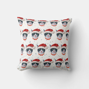 Cojín Decorativo Gato negro y blanco de acuarela de Navidad