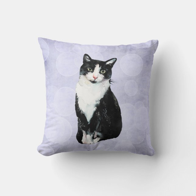 Cojín Decorativo Gato negro y blanco de la acuarela del smoking (Anverso)