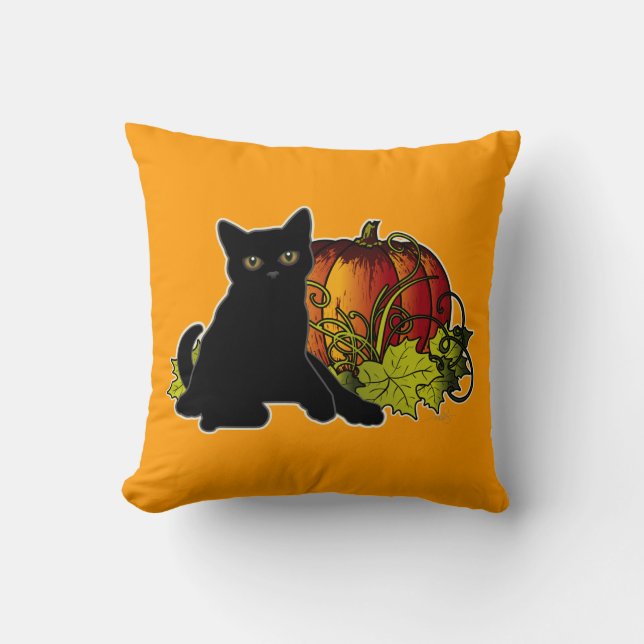 Cojín Decorativo Gato negro y calabaza (Anverso)