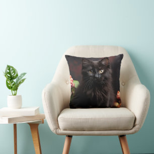 Cojín Decorativo Gato negro y flores