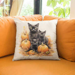 Cojín Decorativo Gato negro y gatitos de acuarela Calabaza