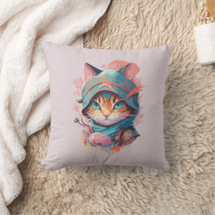 Cojín Decorativo Gato Ninja Encapuchado en Acuarela Mono