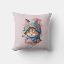 Cojín Decorativo Gato Ninja Encapuchado en Acuarela Mono