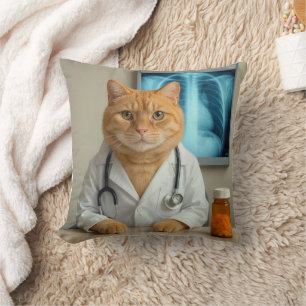 Cojín Decorativo Gato Pelirrojo con Bata de Laboratorio de Médico