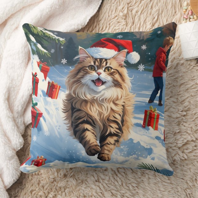 Cojín Decorativo Gato persa sentado en nieve con Gorra Navidad (Manta)