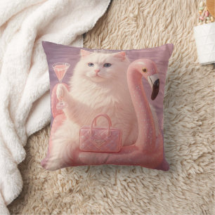 Cojín Decorativo Gato Princesa de Lujo en Flotador de Flamenco Rosa