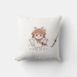 Cojín Decorativo Gato Samurái Lindo en Casco de Sakura Rosa