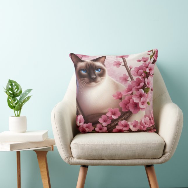 Cojín Decorativo Gato siamés japonés flor de cerezo rosa (Silla)