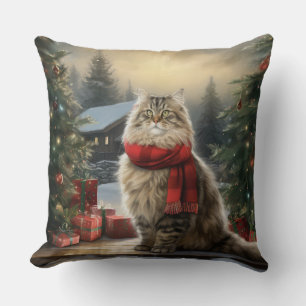 Cojín Decorativo Gato siberiano en Navidades de nieve
