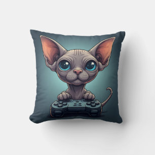 Cojín Decorativo Gato Sphynx sosteniendo control de juego