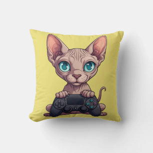 Cojín Decorativo Gato Sphynx sosteniendo control de juego