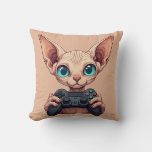 Cojín Decorativo Gato Sphynx sosteniendo control de juego