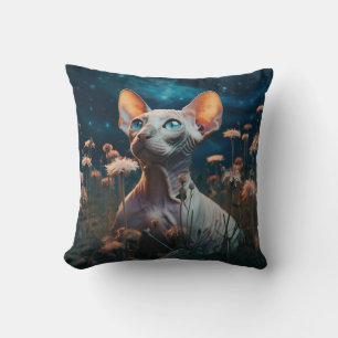 Cojín Decorativo Gato Sphynx y flores vibrantes: arte caprichoso