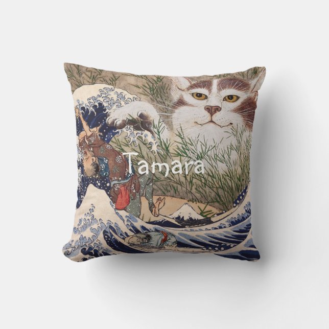 Cojín Decorativo Gato supernatural en la gran ola (Anverso)