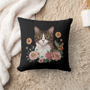 Cojín Decorativo Gato Tabby Dulce con Flores