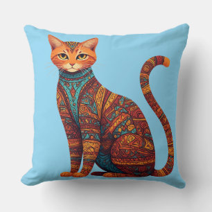 Cojín Decorativo Gato Tribal Artístico Bohemio Colorido