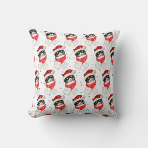 Cojín Decorativo Gato Tricolor de Navidad Acuarela con Bufanda