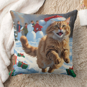 Cojín Decorativo Gato turco angora corriendo en Gorra de Navidades 