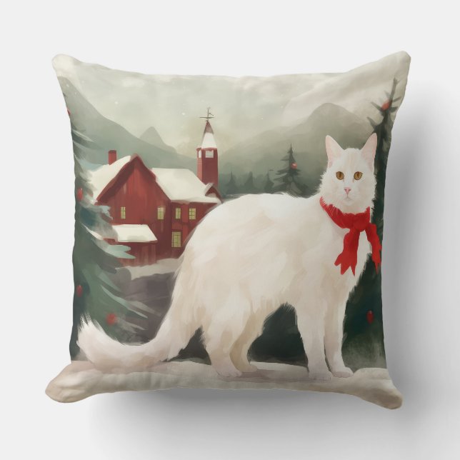 Cojín Decorativo Gato turco angora en Navidades de nieve (Anverso)