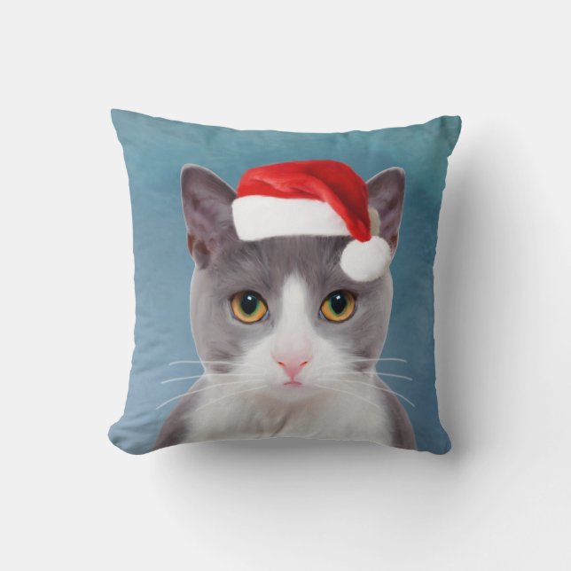Cojín Decorativo Gato usando retrato de Navidades de Santa Hat (Anverso)