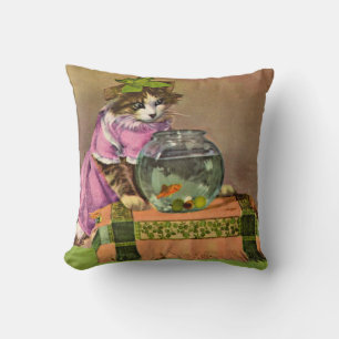 Cojín Decorativo gato vestido y tazón de pescado