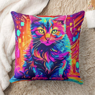 Cojín Decorativo Gato Vibrante: Arte Neon Precioso