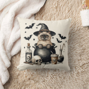 Cojín Decorativo Gato Vintage Adorable en una Caldera Halloween