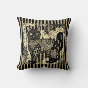 Cojín Decorativo Gato Vintage Retro, Patrón de Rayas 