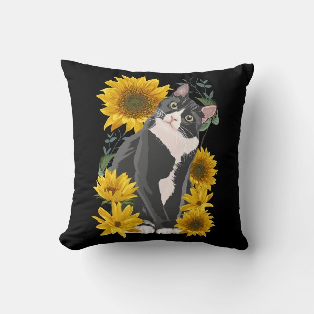 Cojín Decorativo Gato y girasoles cortos amor felino (Anverso)