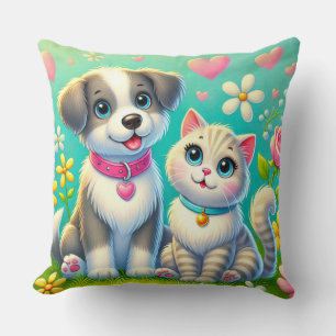 Cojín Decorativo Gato y perro de dibujos animados lindos sentados j