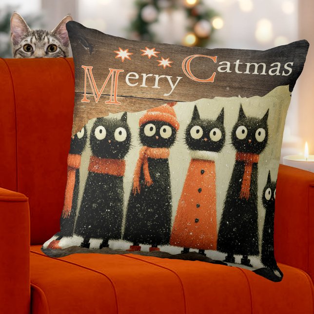 Cojín Decorativo Gatos Caprichosos Navideños Rústicos Adorables (Christmas pillow featuring a whimsical painting of cute cats on rustic wood. Original for cat lovers)