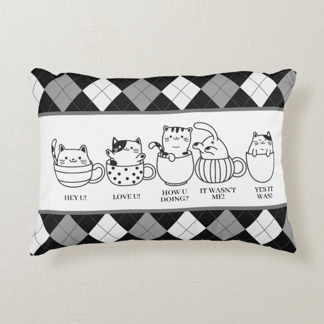 Cojín Decorativo Gatos Cuadros En Cups Con Citas Graciosas -Blanco  (Anverso)