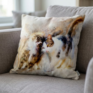 Cojín Decorativo Gatos de Acuarela Acariciándose en Arte Abstracto 