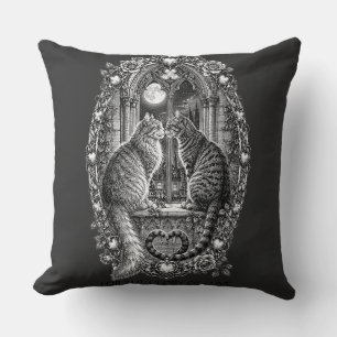 Cojín Decorativo Gatos de Romance de Medianoche Arte de Ventana Gót