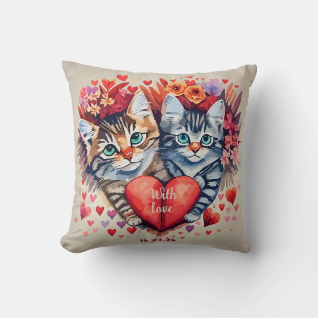Cojín Decorativo Gatos de San Valentín con corazón (Anverso)