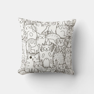 Cojín Decorativo Gatos Doodle: blanco y negro.